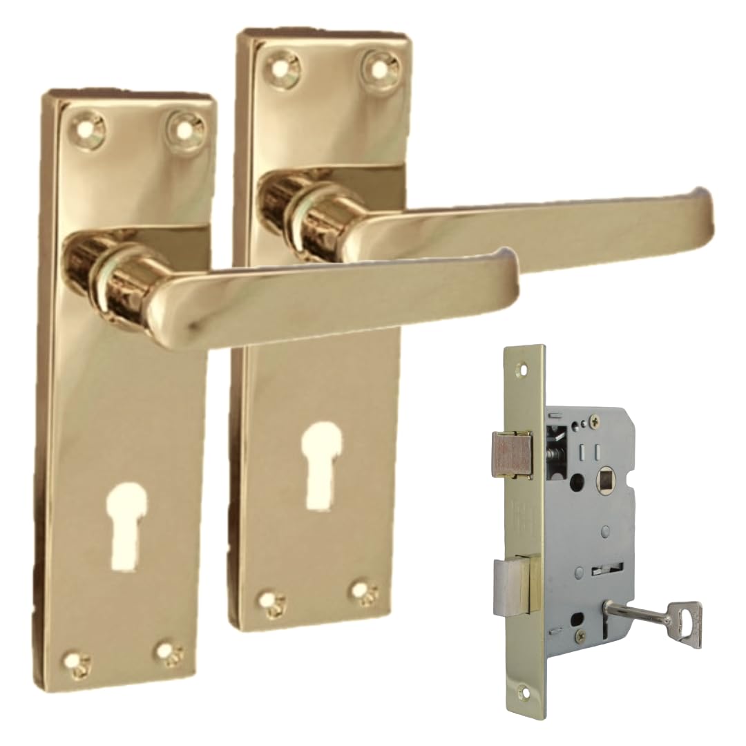 Epsom Door Handle Yellow Victorian Straight Electro Brass Lever Set – Backplate Design 150Mm X 42Mm – Supplied With 3-Lever Mortice Sash Mechanism – 1 Pair
