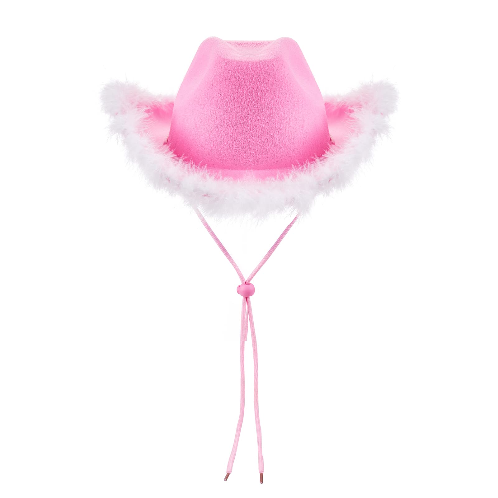 Miolasay Women's Plush Trim Cowboy Hat Drawstring Adjust Western Disco Fish Bucket Hat Fancy Holiday Party Costume Accessory (A-Pink White, One Size)