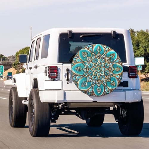 Image of KiuLoam Vintage Turquoise Teal Gold Mandala Spare Tire Cover Waterproof Dust-Proof Universal Sunscreen Wheel Tire Covers Fit for Trailer, RV, SUV and Many Vehicle 14 Inch