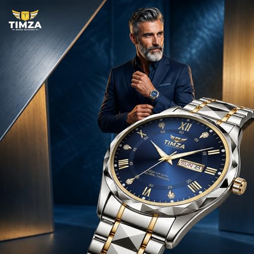 Image of Men's Analog Quartz Watch with Blue Dial, Two Tone Stainless Steel Strap, Date Display, Luminous Hands and Water Resistant Design