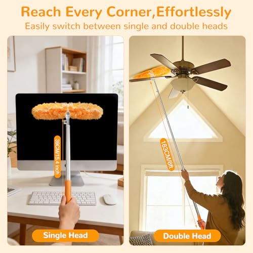 Image of 6 ft Heavy Duty Extendable Duster Handle with 50 Refills for Swiffer Duster, 360 Multi-Surface Dusters with 4X Cleaning Power for Home, Ceiling Fans, Windows, Dusting Hard-to-Reach Areas (Orange)