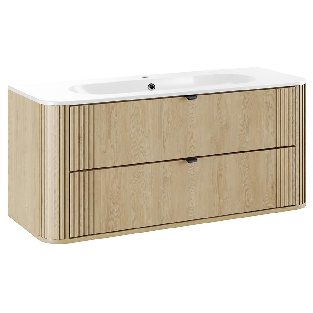 Lomadox Badezimmer-Waschtisch 120 cm in Eiche, gerillt, mit Keramik Waschbecken, 2 Schubladen, Softclose, Metallgriffe, abgerundete Kanten
