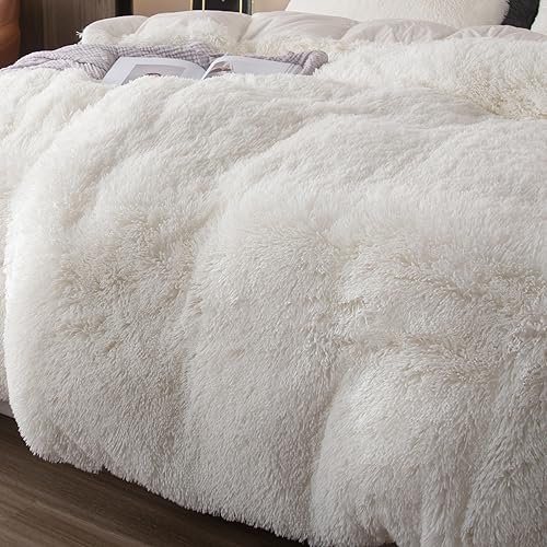EMME Plüsch Bettwäsche Set 135x200cm Biber Flauschige Bettdecke Set für Bett Shaggy und Plüsch weiche Bettwäsche Bettbezüge und 1 Kissenbezug 80x80cm, Weiß