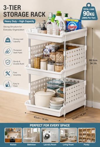 Image of KITCHIVO Multipurpose Storage Rack Organizer with Stainless Steel Pipes | Heavy Duty Plastic Shelf Stand for Kitchen, Bathroom, Laundry & Pantry (White, 3 Layer)