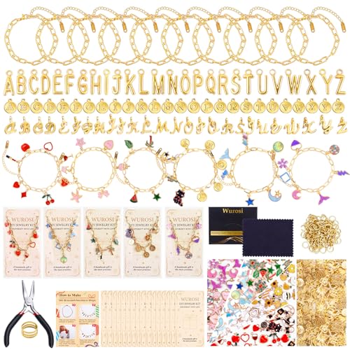 Wurosi 413 Pieces Gold Paperclip Charm Bracelet Making Kit Including Paperclip Chain Bracelets Charms Jump Rings Gift Bags Pliers for Crafts Beginner Supplies Gift
