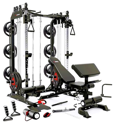 Heavy Duty Smith Machine & Functional Trainer w/ Adj Weight Bench, Arm Curl, and Full Attachment | MiM USA Pro Master
