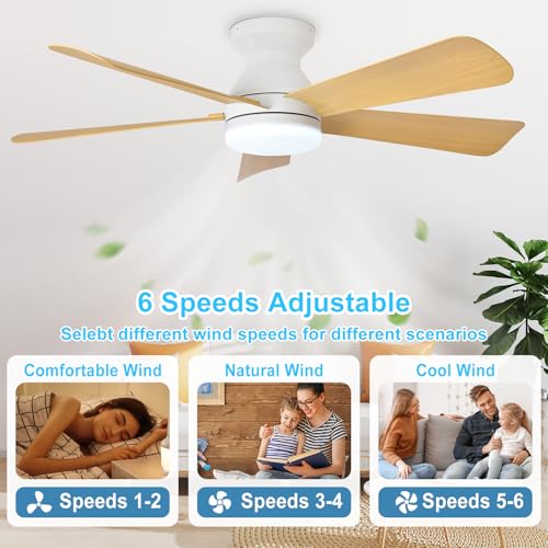 Image of Depuley Modern Ceiling Fan with Light: 42-Inch White Small Fans for Bedroom Indoor Outdoor - Dimmable Low Profile Ceiling Fans with Remote Control Flush Mount 5 Reversible Wood Blades 6 Speeds Timer