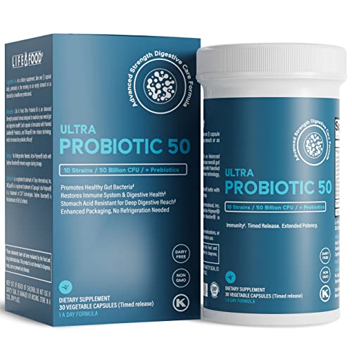 Prebiotics & Probiotics 50 Billion CFU for Women & Men - Time-Release Bifidobacterium Lactobacilli Probiotics for Digestive Health, Bloating Relief, USA-Made, Kosher Live Probiotics with Sunfibre FOS