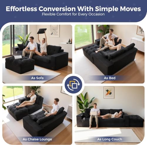 Image of MAXYOYO Boneless Couch, 104-Inch L-Shaped Cloud Couch with Ottoman | Black Upholstered Sofa Features Layered Cushions and Flexible Modules with No Assembly, Ideal for Modern Living Rooms.