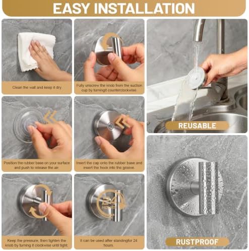Fenas Large Suction Cup Hooks, Heavy Duty 15lb Holds Towel & Robe, No-Drill Shower Bathroom Hooks for Tile Wall Glass Mirror, Mounts on Smooth Non-Porous Surfaces (2, Brushed Nickel) - 5