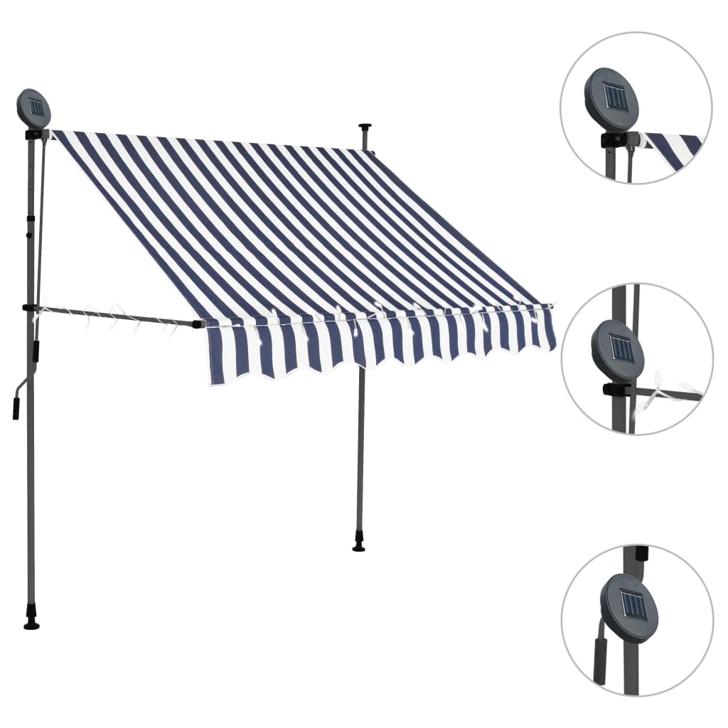 [Consegna flash] Tenda da sole da balcone, adatta per giardino, veranda, pergola, prato, balcone, terrazzo, tenda da sole retrattile, funzionamento a mano con LED, 200 cm, blu e bianco