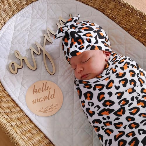 Image of DRESHOW BQUBO Baby Girl Newborn Receiving Blanket with Bow Hat Headband Wooden Birth Announcement Card Set Baby Leopard Nursery Swaddle Wrap