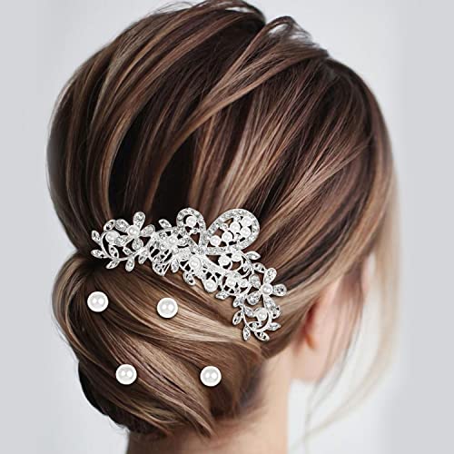 Cinaci 36 Pack Sparkly Silver Rhinestone Pearl Flower Butterfly Bridal Hair Side Combs+U-shaped & Twist Crystal Hair Pins Clips Wedding Headpieces Prom Accessories for Women Girls Brides Bridesmaids - Thumbnail 2