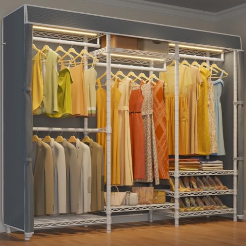 Image of VIPEK V5LC Garment Rack Heavy Duty Covered with Dimmable LED Lights, 3000K Warm White, Portable Closet Wardrobe Freestanding for Hanging Clothes, with Grey Cover
