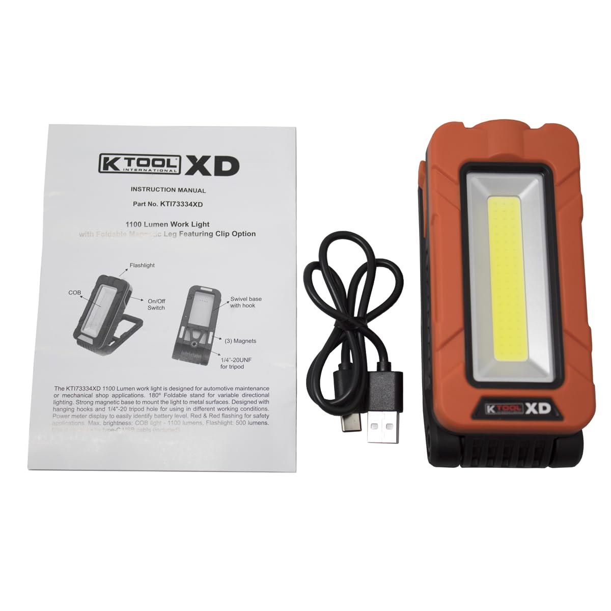 KTI 7334XD Rechargeable Work Light with 1100 LM COB and 500 LM
