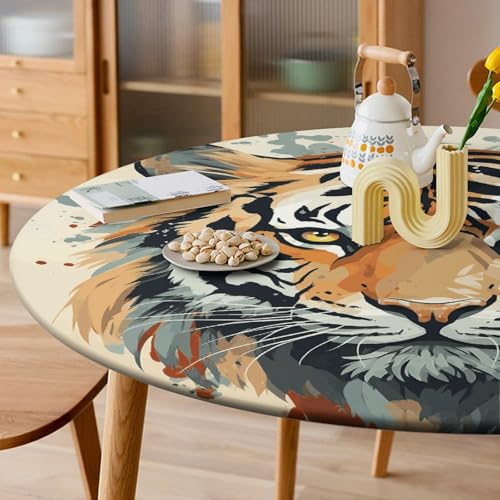 Nappe ronde ajustée élastique tête de tigre imperméable de table - 7