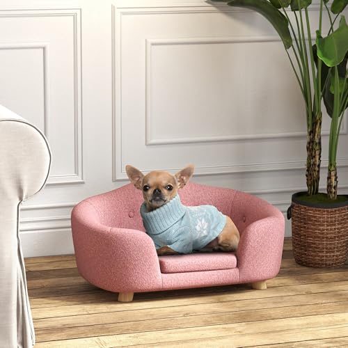 PawHut Haustiersofa Hundematte Hundebett Hundesofa Hundecouch Katzen Sofa mit Kissen Rückentasche Plüsch Schaumstoff Kiefernholz Rosa 70 x 47 x 30 cm