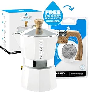 GROSCHE Milano Stovetop Espresso Maker Moka pot 3 espresso Cup 5 oz White and 3 Replacement Seals Gaskets Bundle Stove top coffee maker Moka Italian espresso coffee maker and replacement gaskets