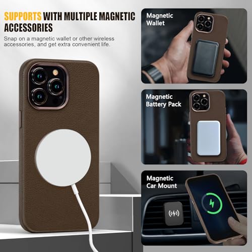 Image of Genuine Leather Case for iPhone 15 Pro Compatible with Magsafe Coffee Brown | Non-Slip Pebbled Leather, Stylish, Slim Fit, Super Magnetic, Compatible with Wireless Charging, Metal Buttons, Camera Bezel