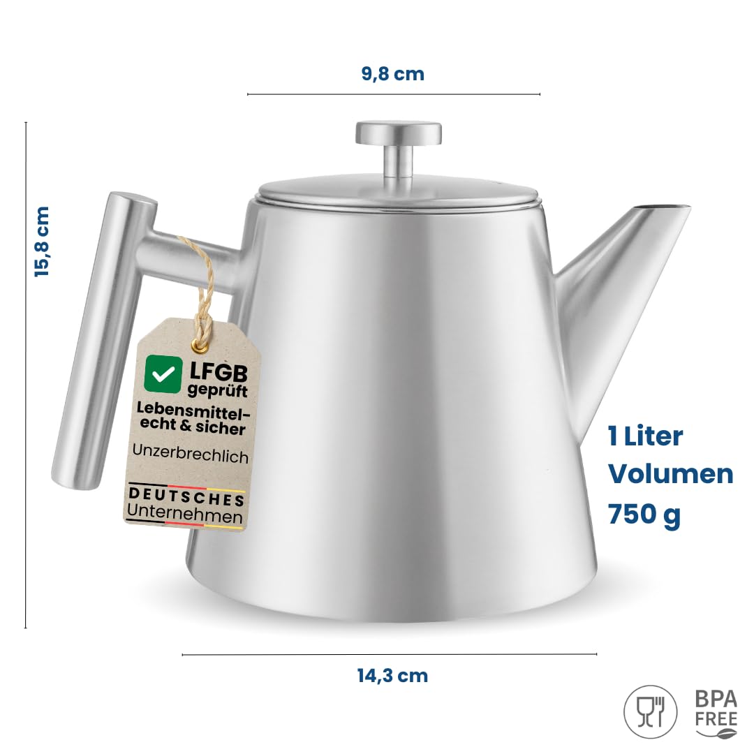 Teekanne mit Siebeinsatz 1 Liter I Edelstahl gebürstet I Warmhalte-Funktion I incl. Korkuntersetzer I Hochwertiger Teebereiter Doppelwandig I Perfekt für losen Tee, Ingwer & Kräuteraufgüsse