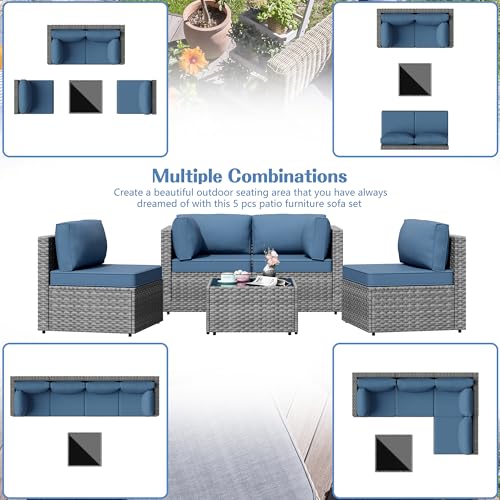 Shintenchi 5 Pieces Outdoor Patio Furniture Sets, Patio Sectional Sofa Couch, Gray PE Wicker Furniture Modular Patio Conversation Sets Patio Sofa with Washable Cushions & Table(Aegean Blue) - Image 7