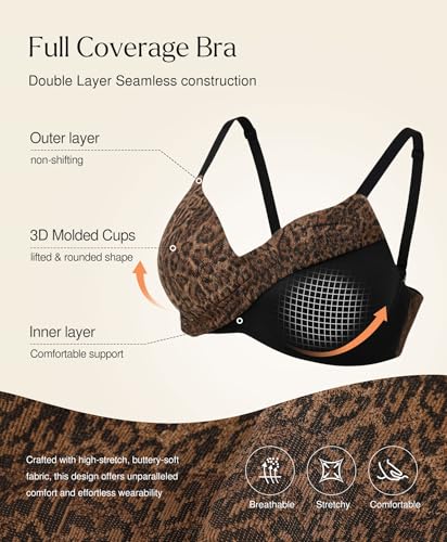 Image of Popilush Wireless Bras for Women - Seamless Comfortable Bra Full Coverage Deep V Leopard Print Everyday Bras