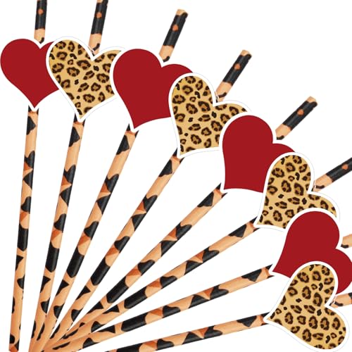 50 pitillos de papel rojos con diseño de corazones y leopardo miniatura 1
