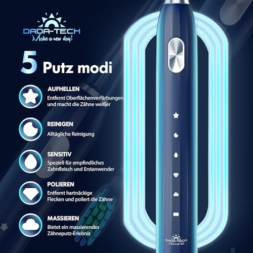 Elektrische Zahnbürste, Schallzahnbürste für Erwachsene und Kinder Electric Toothbrush mit 5 Putzmodi Integrierter Timer und 9 Zahnbürstenköpfen Ultraschall Zahnbürsten (Blau) – Bild 5