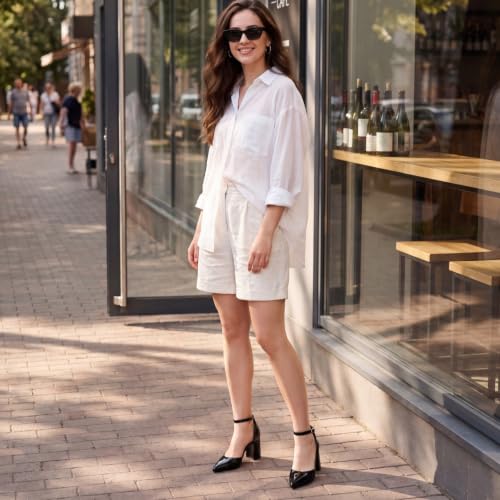 Image of RIBONGZ Block Heels for Women Closed Pointed Toe Heeled Slingback Chunky High Heel Ankle Strap Pumps Patent Leather Comfort Dressy Shoes for Work Party Prom Wedding Bridal Dress