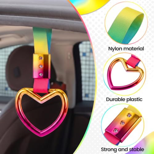 Image of 2PCS Heart Shaped Car Handle Straps, Rear Bumper Warning Keychain Ring for Car Exterior Accessories (Chrome Rainbow Heart - Rainbow)