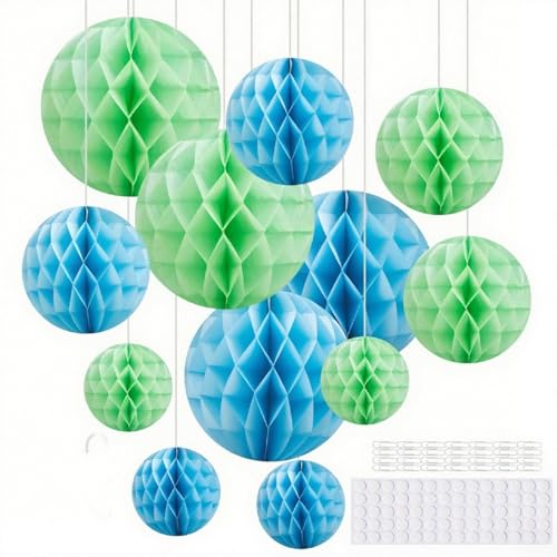 Hexizexi 12 Boules en Papier nid d'abeille Vert 15cm 20cm 25cm Boules Alvéolées Bleu adaptées aux anniversaires mariages fêtes de fin d'études décorations de...