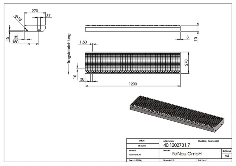 Fenau – 1200 x 270 mm - Gitterrost-Stufe (R11) XSL, MW: 30/10 mm, verzinkt, Stahl-Treppenstufe nach DIN-Norm, Fluchttreppen geeignet, Anti-Rutsch-Wirkung