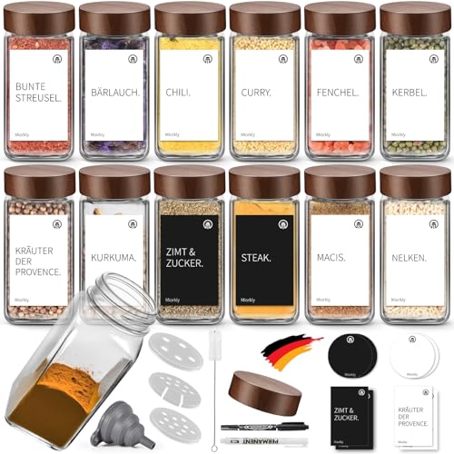 Miorkly Gewürzgläser Eckig Set 12er,Gewürzstreuer Glas mit Holzdeckel 120ml,Küchenzubehör zur Gewürze… – Ansicht 1