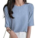 [GORQQCE] Tシャツ レディース 半袖 トップス サマーニット 丸首 ゆったり 着痩せ 無地 シンプル カジュアル 韓国 ファッション 通気 快適 通勤 デート 春 夏