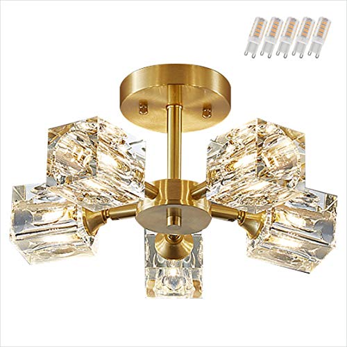 BOKT Mid-Century Luxury Square Crystal Shade Ceiling Light Flush Mount Fixture Antique Brass Chandelier for Living Room Bedroom and Hallway Golden Ceiling Lighting