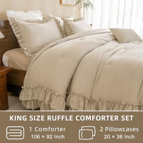 Image of QSH Wheat Comforter King Size for Bed, Shabby Ruffle Chic Bedding Comforter Set, 3 Pices Farmhouse Vintage Bedding Sets, All Season Ultra Soft Lightweight Microfiber Fluffy Comforter