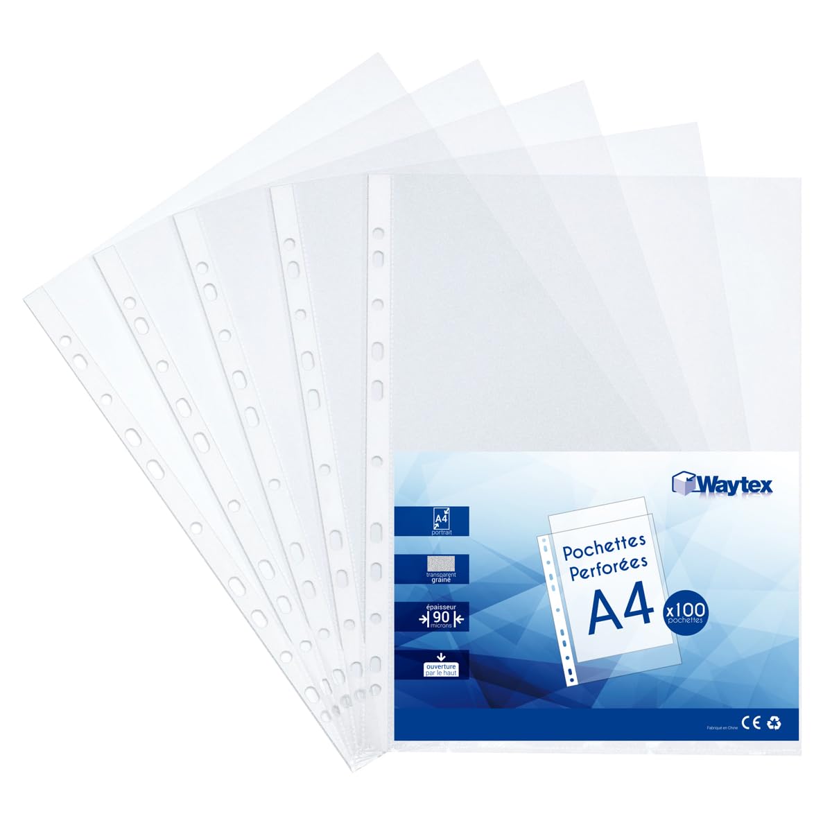 Waytex 931306 Punched Pockets A4 Grained Transparent 90 Microns - Pack of 100
