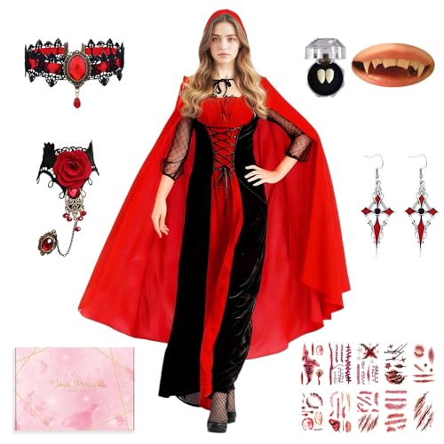TOSZOLY Vampir Kostüm Damen, Vampir Kostüm Mädchen, Mittelalterliches Kleid Damen Mit Roter Umhang, Blutsaugenden Reißzähnen, Geeignet für...