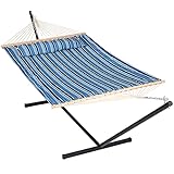 Lazcorner Double Hammock with 12 Feet Heavy Duty Steel Stand Combo, 2 Person Quilted Fabric Hammocks with Stand for Outdoors Indoors, 450 LBS Weight Capacity, Blue Stripes