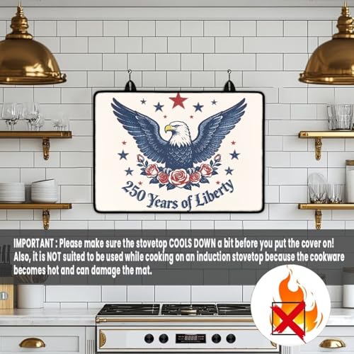 Image of Poceacles USA Theme Stove Top Cover Glass Stove Top Cover Heat Resistant Oil Resistant Cooktop Protector Stovetop Mats for Patriotic Kitchen Decor, Eagle Rose 250 Years Print Beige