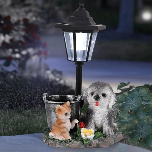 Statue de Jardin Solaire Décorative pour l'Extérieur avec Lumières - Chien Mignon en Résine Imperméable pour Cour et Pelouse