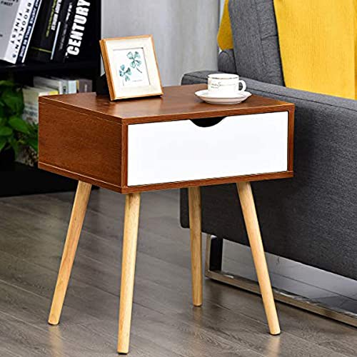 Image of Storage Nightstand Mid-Century Modern Bedside Table with Solid Wood Legs Minimalist and Practical End Side Table- 1 Drawer -Brown White