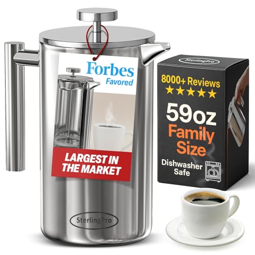 SterlingPro Stainless Steel French Press Coffee Maker 1.75 L (59 oz) Mirror &ndash; Double Walled...