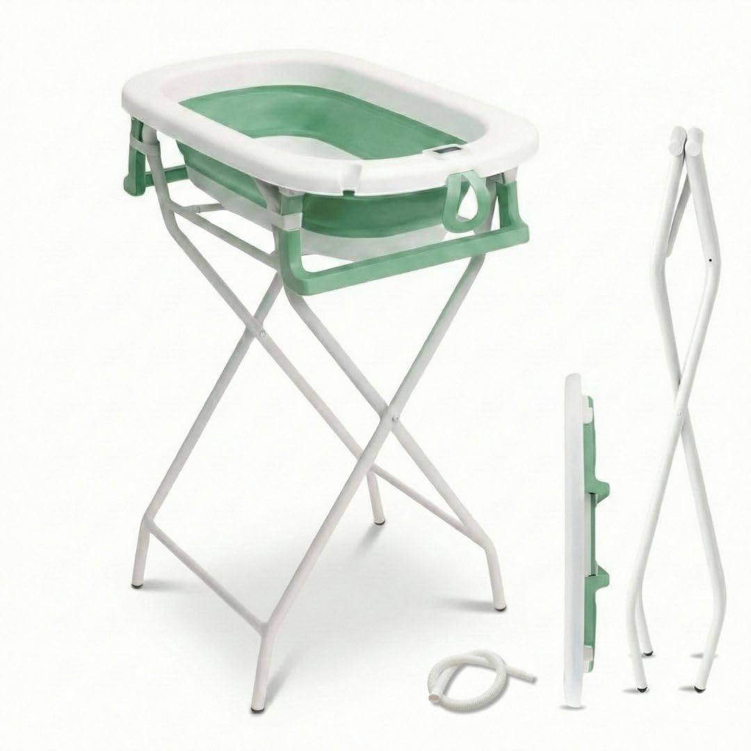 BAÑERA PLEGABLE PARA BEBÉ | Diseño Portátil y Plegable | Recién Nacido | Con Termómetro + Patas Antideslizantes + Tapón de Desagüe (Verde Soporte)