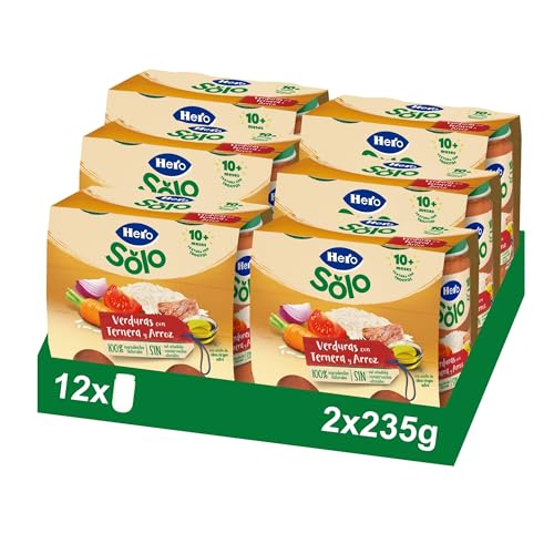 Hero Baby - Tarritos de Verduras con Ternera y Arroz con Trocitos, Sin Sal Añadida, Sin Almidón, Sin Aceite de Palma, Ingredientes 100% Naturales, Para Bebés a partir de 10 Meses, 6 Packs de 2x235g
