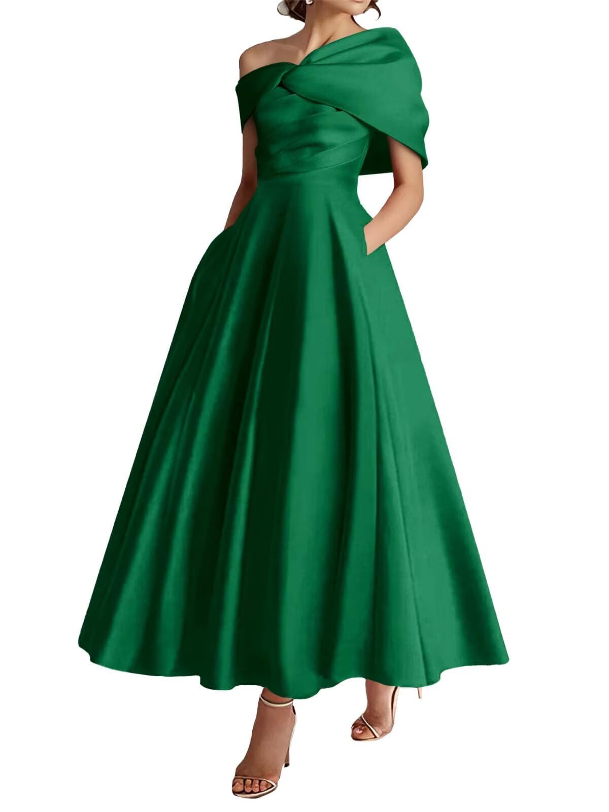 KIYNE Tea Length Mother of the Bride Dresses for Wedding Emerald Green Satin Wedding Guest Dress Floor Length Formal Party Gown UK16