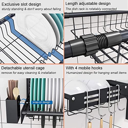Escurridor de platos para colgar sobre el fregadero, escurridor de platos ajustable de gran capacidad montado en la pared con soporte para utensilios para organizador de almacenamiento de