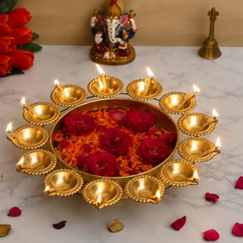 Image of Webelkart Gold Polish Diya Shape Flower Decorative Urli Bowl for Home Handcrafted Bowl for Floating Flowers and Home,Office and Table Decor- Diwali Decorations Items 1 L