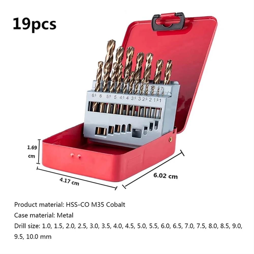 19 Pz 1-10mm M35 HSS-Co Cobalto Twist Drill Bit Set Hole Opener Accessori for elettroutensili for la Lavorazione dei Metalli in Acciaio Inossidabile(19Pcs with Case)