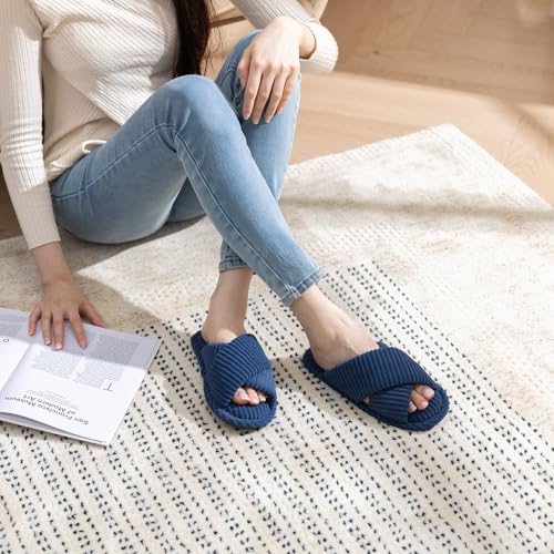 Image of GOEWY Slippers for Women Memory Foam House Bedroom Corduroy Crossbands Open Toe Slides Sandals Shoes Comfy Trendy Gift for womens Anti-Skid sole